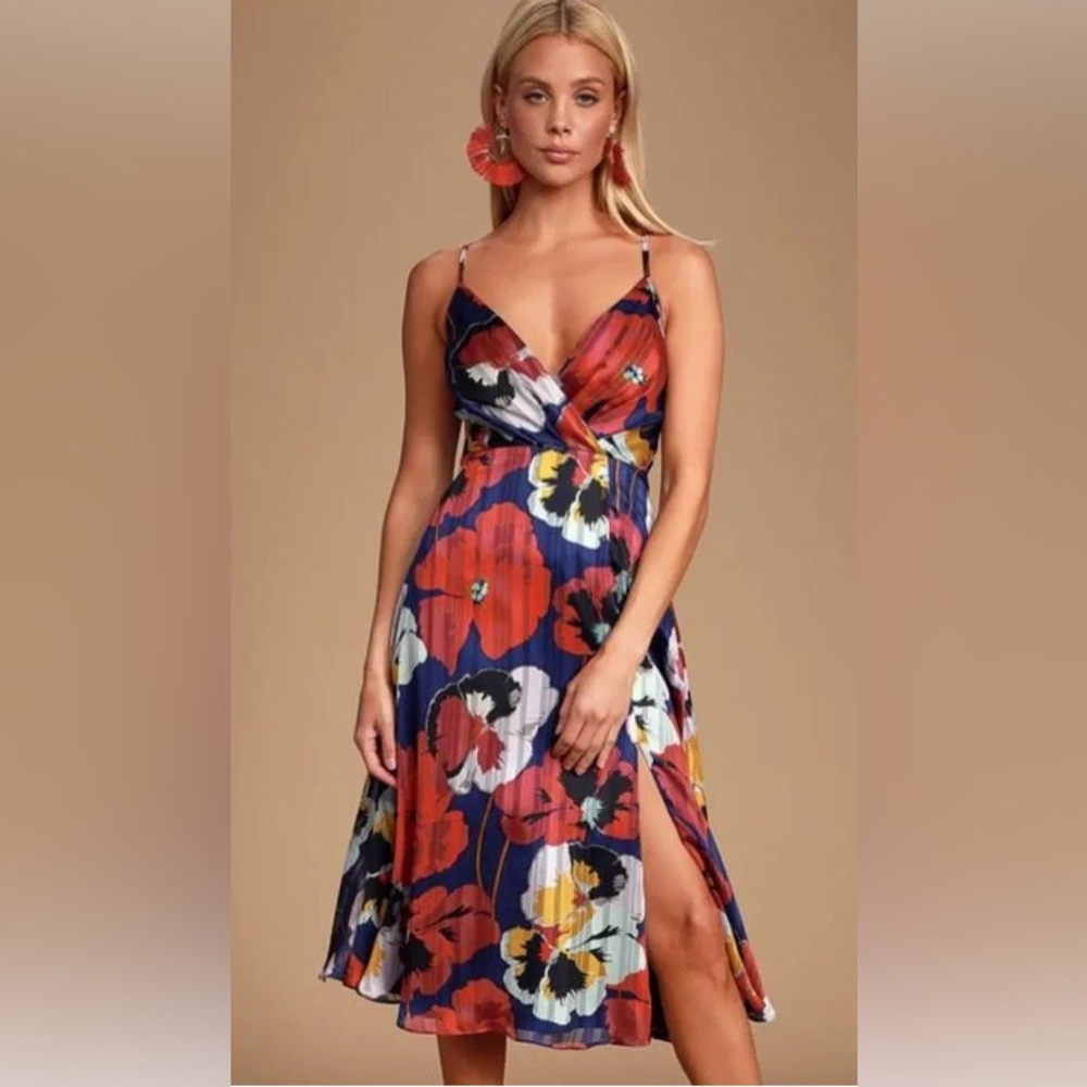 Lulu’s All About Love Royal Blue Floral Print Midi Dress large NWT